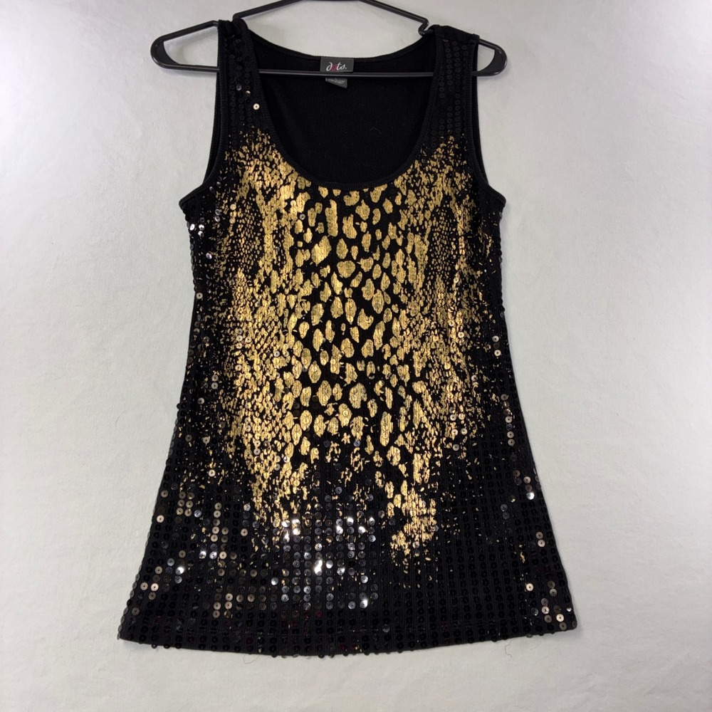 389 Dots Tank Top Large Black Gold Sequin Snakeskin Foil Ribbed Sleeveless Y2K